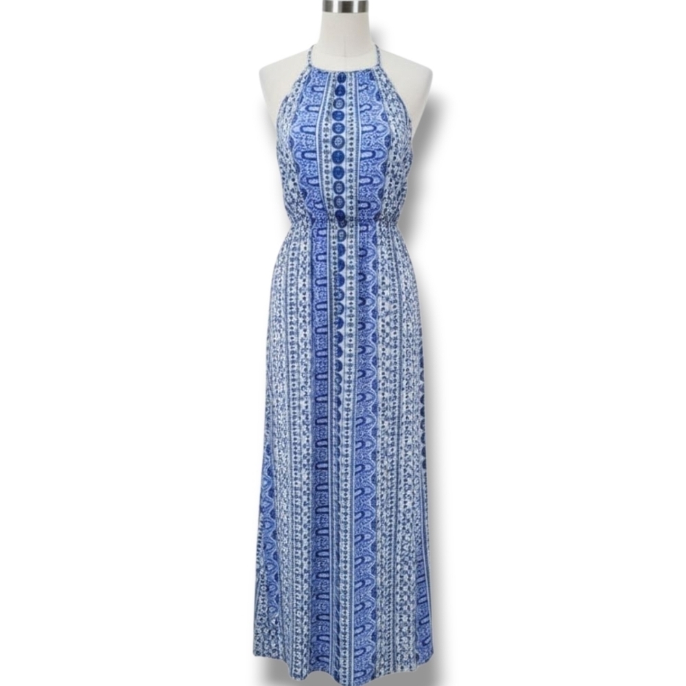 Japna Women’s Blue Multi-Print Sleeveless Maxi Dress with Keyhole Neckline – XS